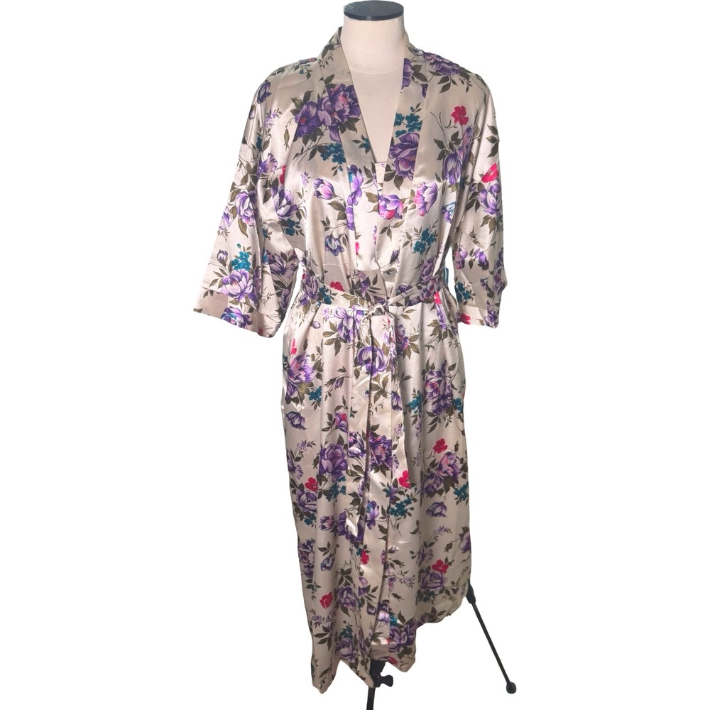 Vintage Dentelle Satin Robe Chemise Set Floral Ivory Purple Small Made USA